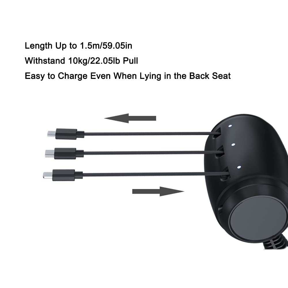 Riloer Cable de carga 3 en 1 para coche, caja de estación de carga para coche, cargador de coche retráctil para pasajeros para asiento trasero Android/tipo C