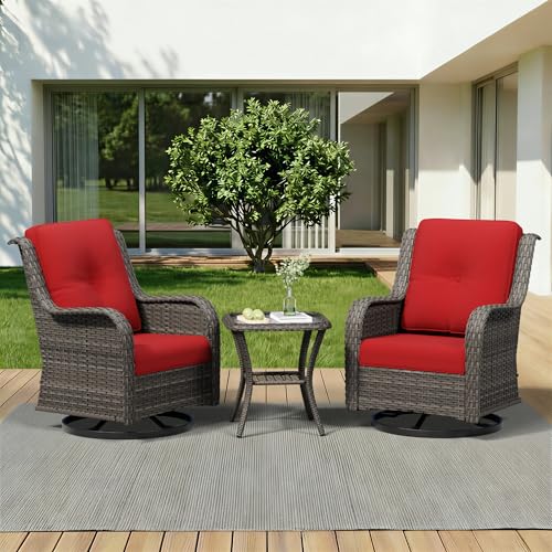 Image of 3 Piece Outdoor Wicker Patio Furniture Set, Swivel Rocker Patio Chairs Set with Thickened Olefin Cushions, High Back and Deep Seating, Hand-Woven PE Rattan for Porch, Deck