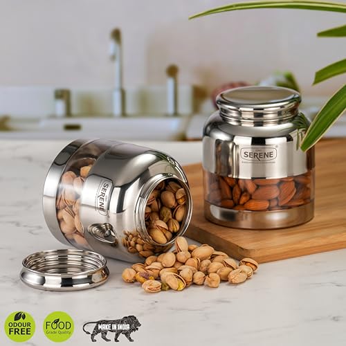 Image of Serene Stainless Steel Exotic See-Through Jar | Airtight Jars for Kitchen Storage | Premium Steel Jars with One Turn Lock Lid | Transparent Stainless Steel Containers | 650ML | 2 PC