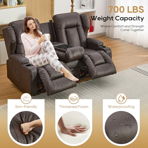 Image of IPKIG 67 inch RV Loveseat Double Recliner Sofa with FILP Back Console, Storage Drawer, Side Pockets, Faux Leather Manual Reclining Chair Home Theater Seating (Brown)