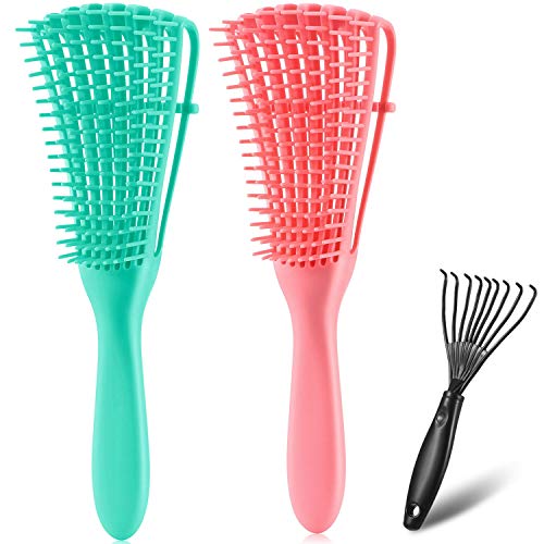 2 Pieces Detangler Hair Brush Detangling Brush with Comb Brush Cleaner Tool for Hair Textured 3a to 4c Kinky Wavy Wet Dry Long Thick Curly Hair, Pink and Green