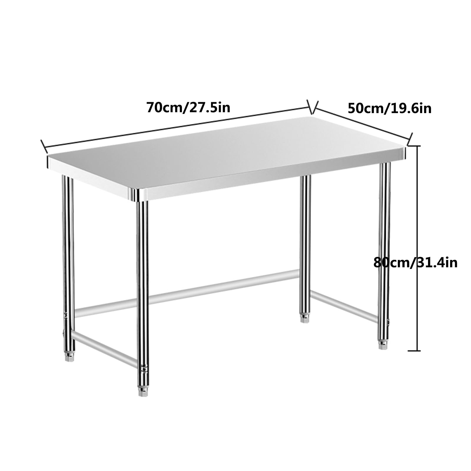 Tavolo da cucina in acciaio inox Tavolo da lavoro Piano di Lavoro per Cucina per la preparazione dei cibi con Piedini regolabili(70x50x80cm/27.5X19.6X31.4in)