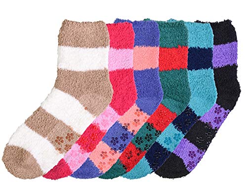 Image of Stanzino 6 PAIRS WOMEN COZY FUZZY NON SKID STRIPES SUPER SOFT WINTER SLIPPER SOCKS 9-11