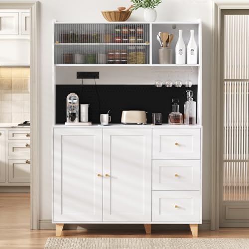 Sweiko Armoire Haute avec façade perforée et Pieds en Bois Massif, Meuble de Bar avec Espace de Rangement, Buffet de Cuisine à 3 tiroirs, pour la Cuisine et...
