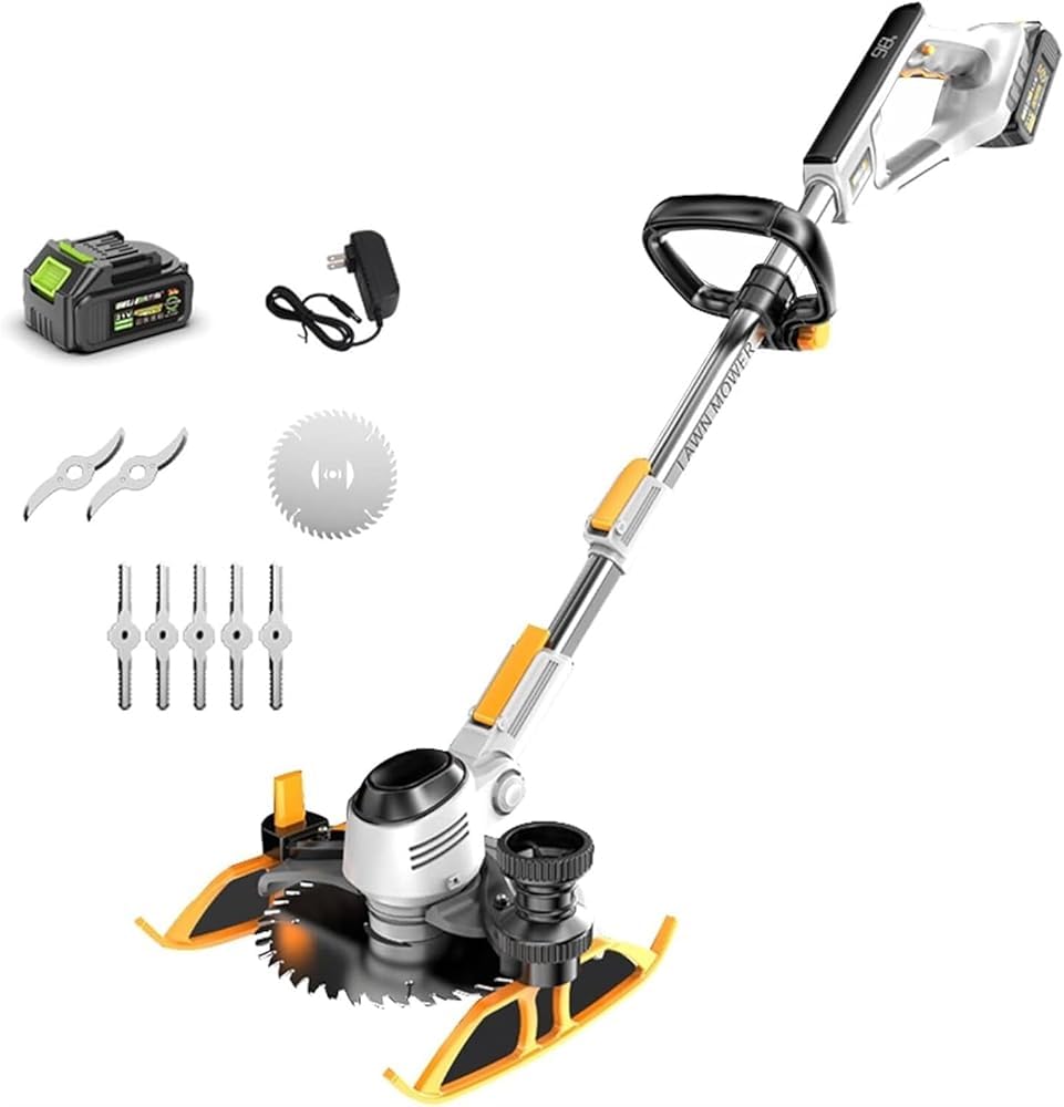 Cortadora de césped inalámbrica, cortador de cepillo y recortadora de bordes, cortadora de césped eléctrica con 3 cuchillas, pivote de cabeza de 90° y cargador rápido, ancho de corte de 16 cm