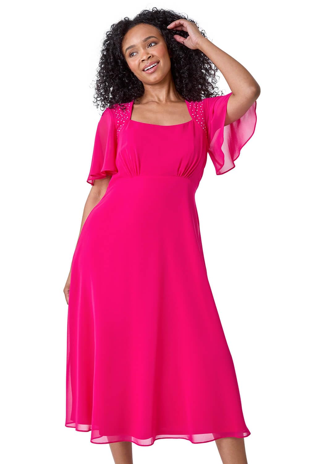 Roman Petite Hotfix Embellished Back Cape Dress for Women UK - Ladies Everyday Autumn Winter Round Neckline Comfy Soft Evening Vacation Work Party Night Out - Petite Bright Pink - Size 16