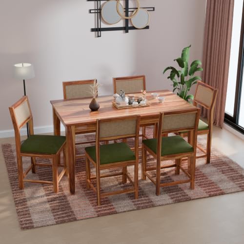 Image of DRIFTINGWOOD Amber Solid Sheesham Wood 6 Seater Dining Table Set with Rattan Back Chairs | Green Velvet Cushioned Seating for Home & Dining Room (Natural Finish, DIY)