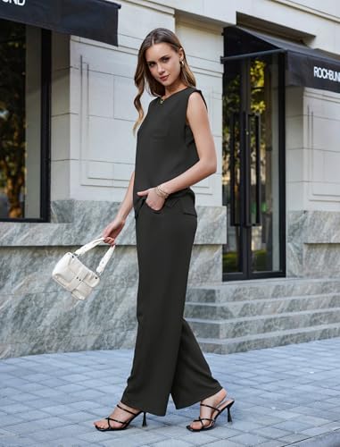 difficort 2 Piece Sets for Women Round Neck Sleeveless Tops Straight Leg Pants Matching Outfits Pockets,Black,X-Large — view 3