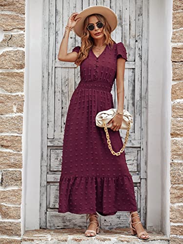 Image of PRETTYGARDEN Womens Dresses 2026 Summer Maxi Dress Boho Short Sleeve V Neck Swiss Dot Ruffle Tiered Smocked Flowy Long Dress