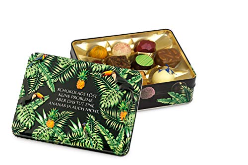 Präsentdose "Schokolade löst keine Probleme, aber das tut eine Ananas ja auch nicht" 125g, Manufakturqualität!, handgefertigt von den Konditoren der Confiserie Rabbel...für ein Lächeln mehr am Tag Cover