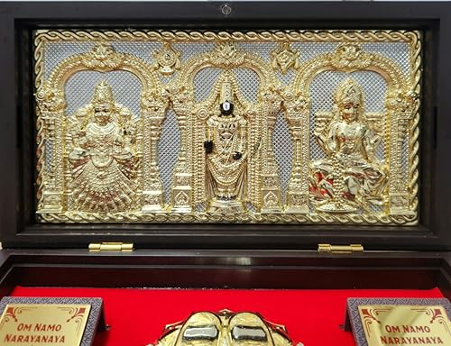 Image of ARNAVIRA Tirupati Balaji Lakshmi Padmavathi Gold Plated Photo Frame with Charan Paduka Pocket Temple for Diwali Gift, House Warming Gifts, Return Gift Puja Box (Brown Gold, Tirupati Balaji)