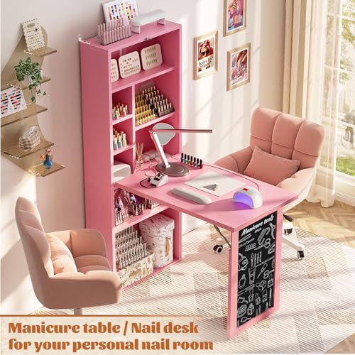 Image of Armocity Small Folding Desk with Outlets, Convertible Writing Desk for Small Spaces /Craft Room, Multi-Function Desk Workstation, Fold-Out Cabinet Table, Pink