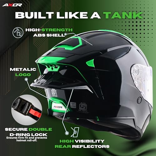Image of Axor Brutale Corsa Helmet - Dual Spoiler | ECE 22.06, ISI & DOT Certified | Race-Ready Fit with D-Ring & UV-Protected Visor-Black Green, Size:XL