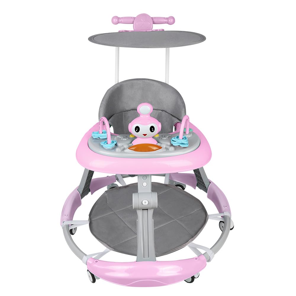 Girello pieghevole per neonati da 6 a 18 mesi, girello per bambini ragazzi e ragazze, barra di spinta alta + cappotta girevole a 360° + musica, 67 x 67 x 79 cm, rosa