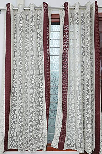 Image of Exporthub 2 Pieces Fancy Sparkling Cream Flowers Brown Stripe Heavy Quality Sheer Strip Semi-Transparent Net Curtains - Size - Door - 4 x 7 feet (EHSPR776 74)