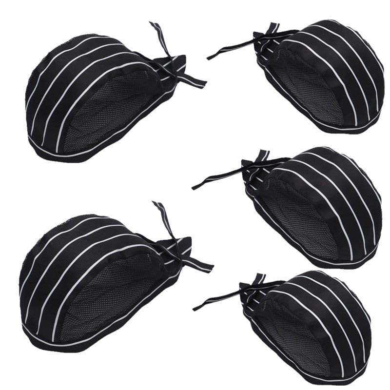 Professional Chef Hats 5-Pack Adjustable Kitchen Caps with Mesh Ventilation (Black and White Bars)