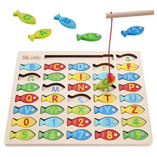 Slotic Magnetic Wooden Fishing Game Toy for Toddlers - Alphabet ABC Fish Catching Counting Learning Education Math Preschool Board Games Toys Gifts for 3 4 5 Years Old Girl Boy Kids