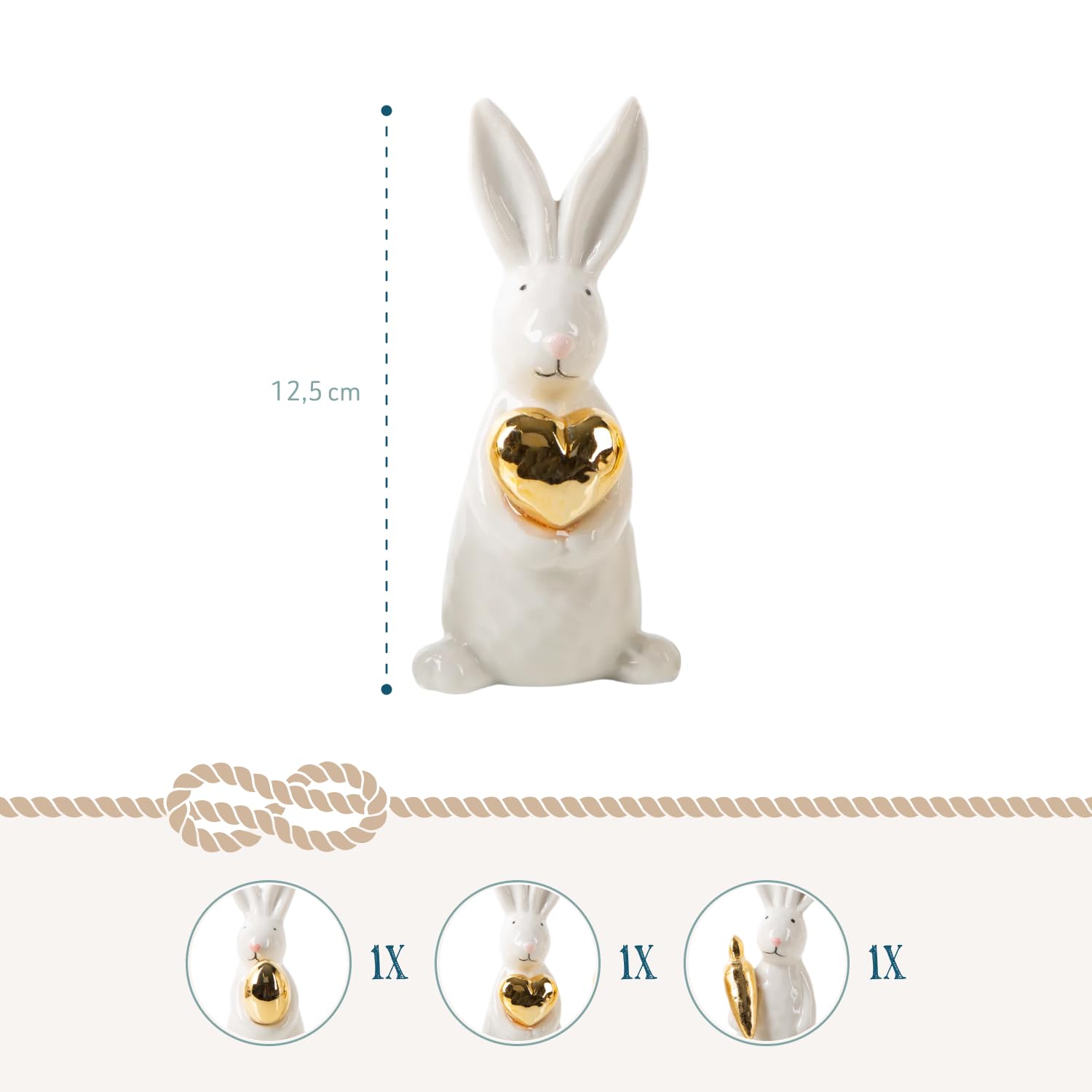 Figure conigli pasquali decorativi, 3 pezzi: conigli pasquali in porcellana, decorazioni pasqua e primavera, decorazione pasquale moderna, set regalo pasqua, addobbi per la casa, oro e bianco, 12,5 cm