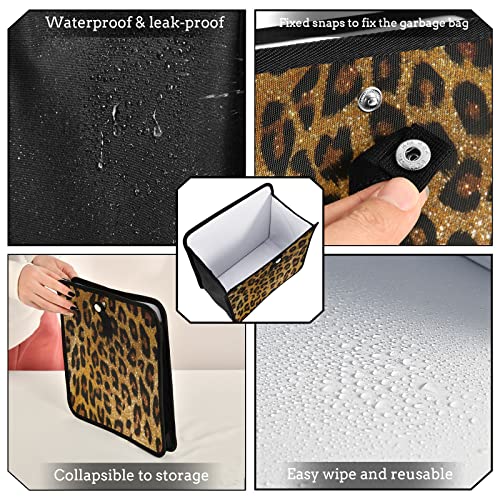 Image of Brown Leopard Print Car Trash Can, Foldable Hanging Car Trash Bag, Cheetah Golden Glitter Animal Skin Small Waterproof Car Accessories Garbage Bin