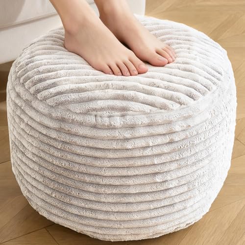 Round Ottoman Corduroy Pouf Ottoman Foot Rest Beige 18x14 IN