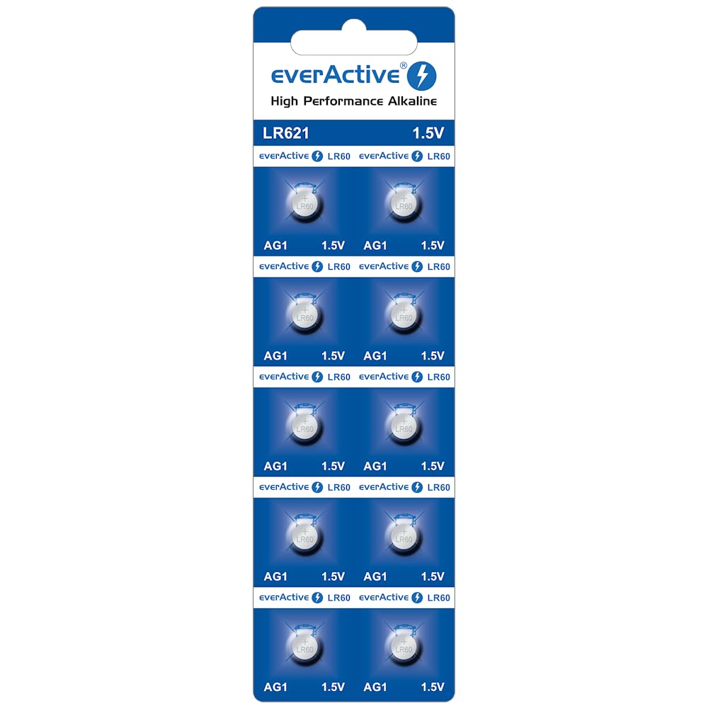 everActive AG1 / G1 / LR621 / LR60 Button Cell Batteries 1.5 V Alkaline Mini Battery Long Shelf Life Pack of 10 - Blister Card