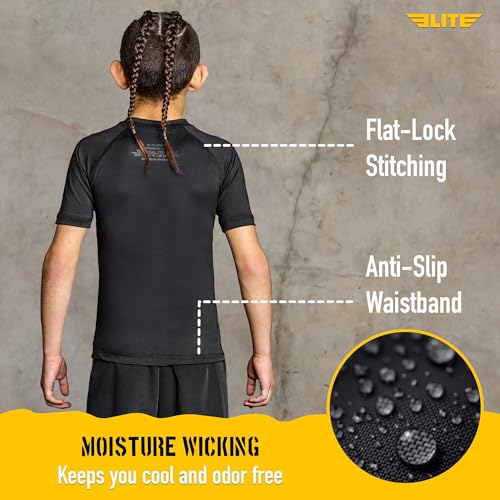 Image of Elite Sports Kids Jiu Jitsu BJJ Rash Guard, Short Half Sleeve Compression Shirt for Youth Boys Girls Sports Nogi Training
