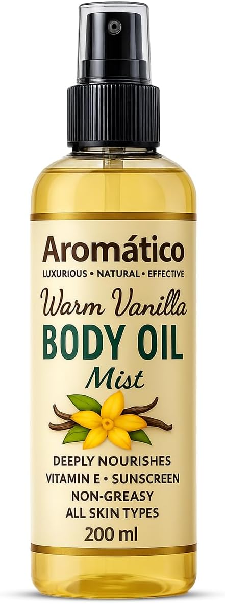 AROMATICO Warm Vanilla Body Oil Mist for Women - 200ml | Non-Sticky Formula for Daily Use After Bath, Absorbs Easily | For Nourished, Glowing Skin in the Winters | Cozy & Creamy Fragrance