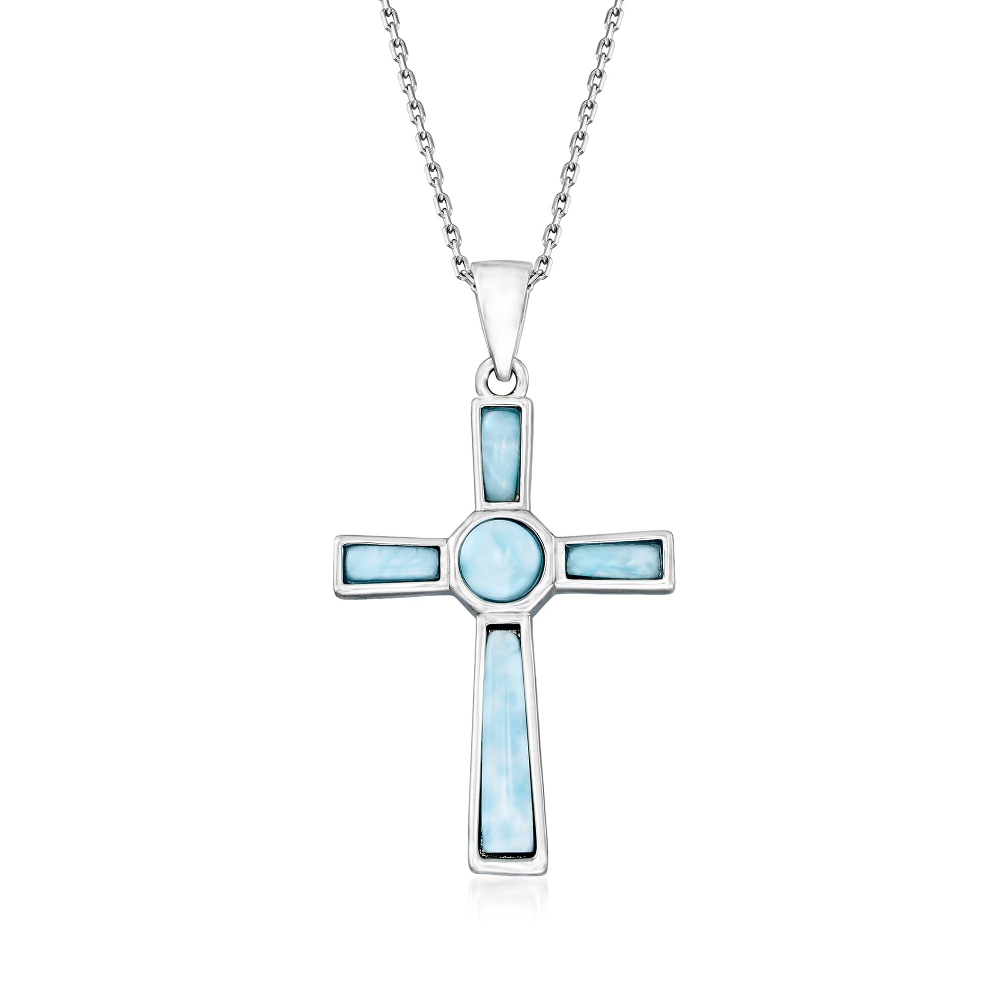 Larimar Cross Pendant Necklace in Sterling Silver. 18 inches