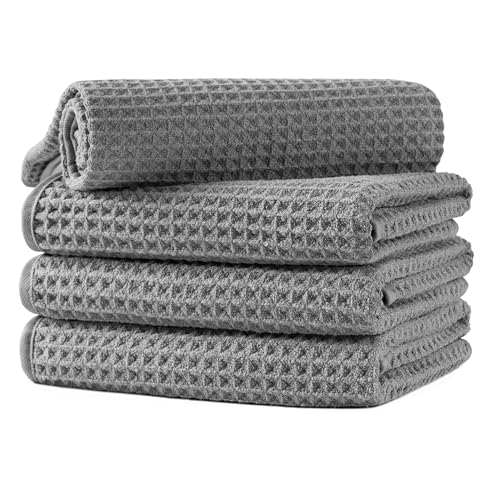Microfiber Waffle Hand Towels, 4 Pieces, Soft, Absorbent, Fast Drying, Lint Free (Gray)