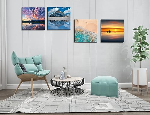 Image of Beach Canvas Wall Art Decor for Bathroom Decor, Ocean Waves Artwork Colorful Nature Landscape Framed Pictures Prints for Bedroom Living Room Office Decoration 12 inchx12 inchx4 panel