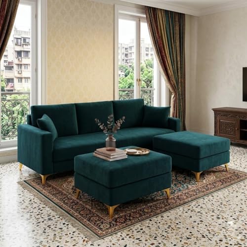 Image of SOCOZI Bravelle 5 Seater L Shape Sofa Set with 2 Movable Ottomans | Flexible Layout| Soft Velvet Suede Fabric|Modern Sofa | Plush Comfort Cushions for Living Room (Teal Green Color)