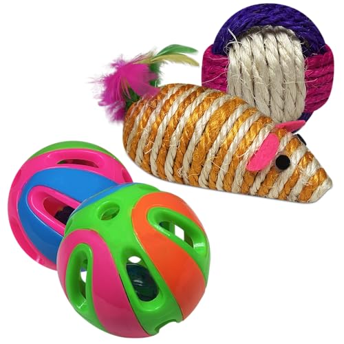 MUNTRADE Pack de Juguetes para Gatos - Ratones con Plumas, Pelotas Rascador, Bolas Cascabel de Colores