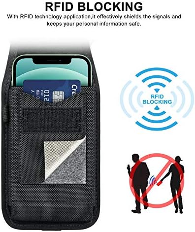 ykooe RFID Blocking Cell Phone Holster for iPhone 13 12 11 14 Pro Max, XR, XS Max, Samsung Galaxy S21 FE S20 S22 Ultra A12 A13 A53 A32 A52 A22 Nylon Belt Clip Loops Card Holder Pouch Case, Black