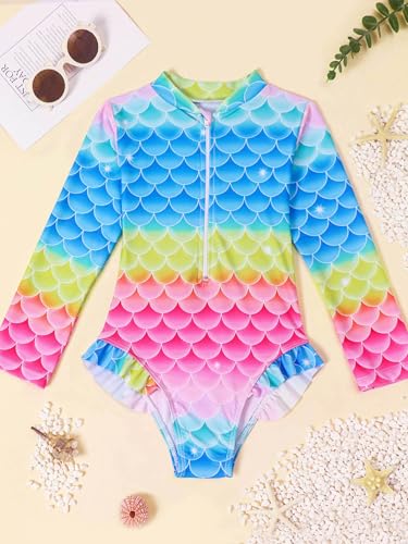 Kids Girls Hot Spring Scale Printed Swimsuit Long Sleeve Sun Protection Bikini Zipper Swimwear3