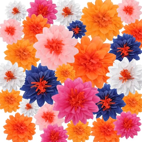 Image of Geyee 18 Pcs Mexican Paper Flowers Colorful Fiesta Tissue Paper Flowers Pom Poms Mexican Carnival for Floral Party Backdrop Wedding Birthday Party Craft (Multicolor,6 inch 8 inch 10 inch)