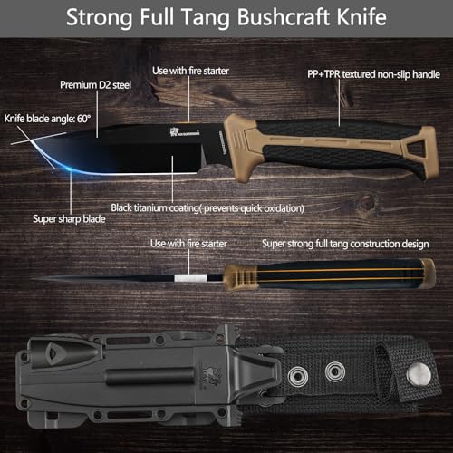 HX-OUTDOORS-Extra-Sharp-Bushcraft-Knife-with-Fire-Starter-Premium-D2-Steel-Fixed-Blade-Survival-Camping-Knife-with-Plastic-Sheath-for-Outdoor-Hiking-Backpacking-Brown