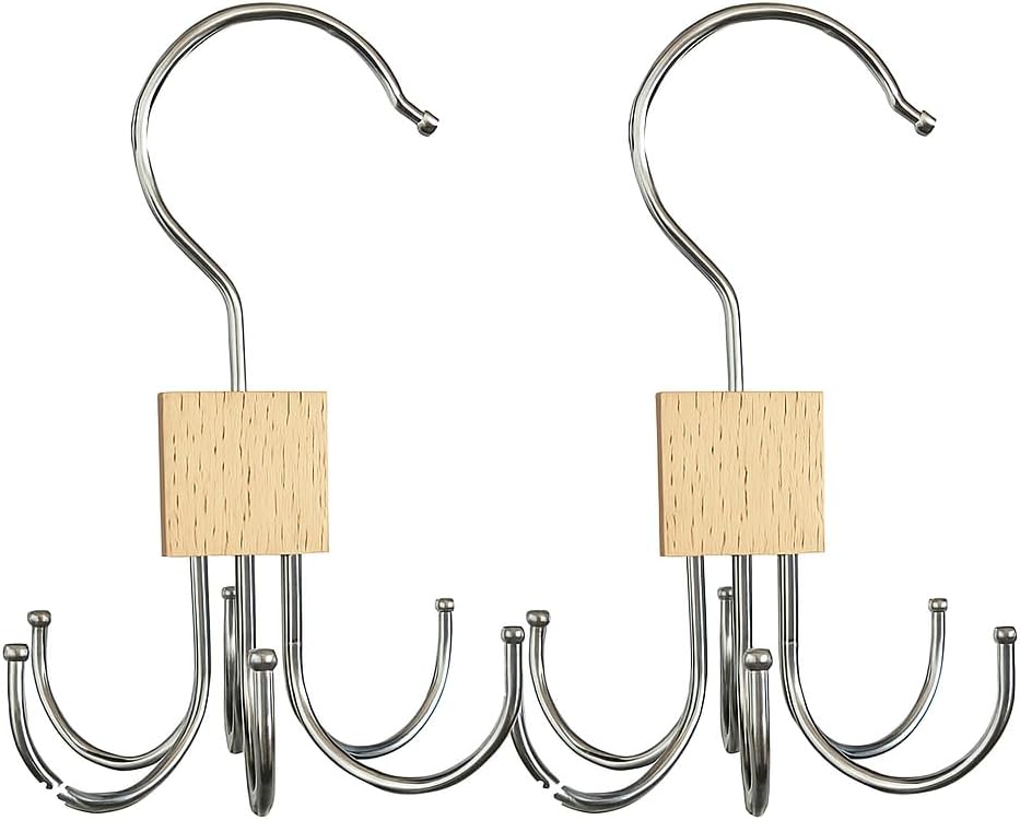 2 Pieces Multifunctional Swivel 6 Hook Hangers, Coats, Hats, Scarves, Wardrobe Organizer, Door Hooks, Bag Storage Hooks, Polished Wooden Surface