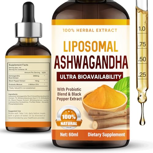 Liposomale Ashwagandha Tropfen 2000mg,Hochdosiert mit 7% Withanoliden,Für besseren Schlaf, Stressreduktion & Ausgeglichenheit, Höchste Bioverfügbarkeit,Praktischer als Kapseln-60ml