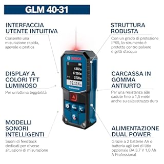 Bosch Professional Distanziometro laser GLM 40-31 (P65, carcassa antiurto, calcoli automatici per lunghezza/superficie/volume, display a colori luminoso, compatibile con batterie agli ioni di litio)