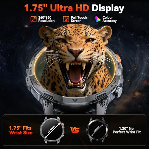 Image of Military Smart Watches for Men,1.75″ Smartwatch with 100-Day Ultra-Long Battery /Flashlight,Fitness Watch for Heart Rate /Sleep /Calling /110+ Sports Mode Smart Watch for Android iOS 1000 mAh