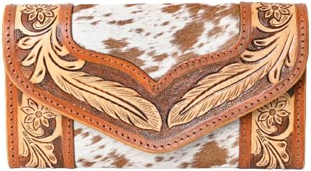 Merbaa Women's Western Cowhide Leather Trifold Wallet | Handmade Tooled Buckaroo Clutch with Rose Design | Stylish Rustic Cowgirl Purse for Everyday & Travel