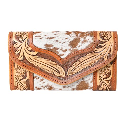 Women's Western Cowhide Leather Trifold Wallet | Handmade Tooled Buckaroo Clutch with Rose Design | Stylish Rustic Cowgirl Purse for Everyday & Travel