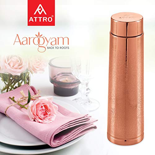 Image of ATTRO Satveda Copper Bottle Design Boosts Immunity Leakproof & Lightweight |Anti-Bacterial, BPA Free with Secure Cap for School, Travel, Gym & Work 1000ml Carving