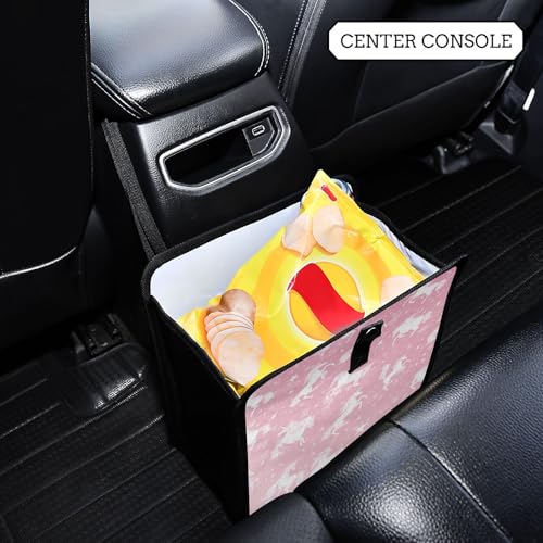 Image of Car Trash Can Organizer Bin with Adjustable Strap for Back Front Seat Console Waterproof Leakproof Collapsible Portable 8.66 Inch Pink Unicorns Silhouette and Stars