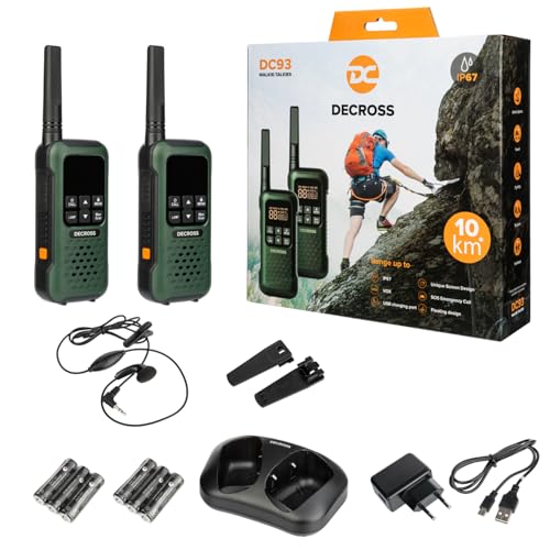 DC DECROSS 93 Walkie Talkie, Profesional hasta 10 km, Largo Alcance, Recargable, PMR446 16 Canales, VOX, Linterna, IP67, Resistente a la Intemperie, Manos Libres, Auriculares, Senderismo (2 pzs)