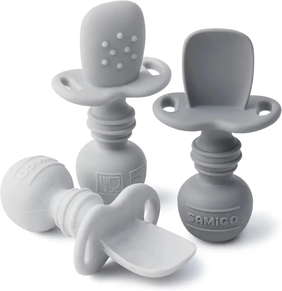 SAMiGO Silicone Baby Spoons Self Feeding 6+ Months - Infant Toddler Utensils - First Stage Baby Led Weaning Feeding Supplies - Set of 3 Pack