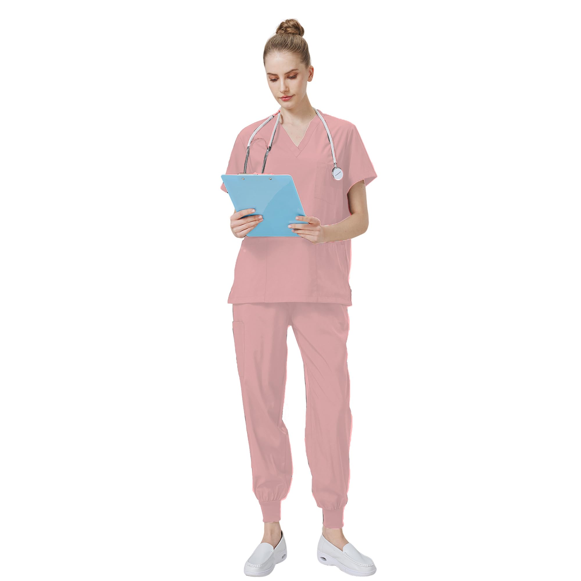 DK05 Combinaison médicale à col en V et manches courtes avec 3 poches Pantalon slim Séchage rapide Unisexe