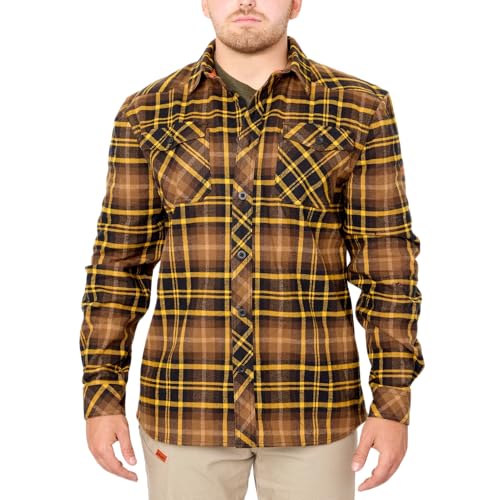 BRUNT Flannel Shirt - 3XL - Brown Plaid - Heavy-Duty Stretch Cotton/Spandex Blend - Chest Pockets with Adjustable Flaps - Back Box Pleat for Increased Mobility - Adjustable Cuffs