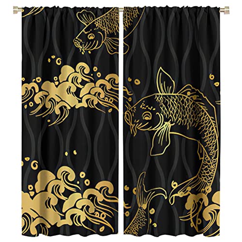 Japanese Koi Fish Curtain, Big Wave Koi Silhouette Asian Style Room Darkening Door Window Rod Pocket Curtain For Bedroom Kitchen Living Room 42X45In #TOP5