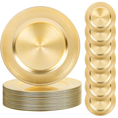 LIYH 24 Pcs Plastic Round Charger Plates 13'' Gold Charger Plates Chargers for Dinner Plate Great for Table Setting Wedding Party Decoration